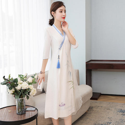 FMN-FS6751汉服仙气中国风复古禅意女装交领手绘连衣裙 商品图3
