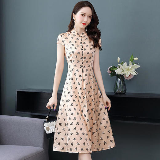 HZY-ASE2277新款复古气质桑蚕丝碎花改良旗袍裙 商品图0