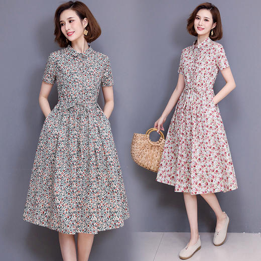 WZNH-NYMYZ812夏新款收腰气质中长款棉麻翻领碎花连衣裙 商品图2