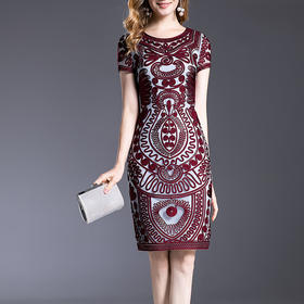 MWYG-2DF8362新款中年妈妈装刺绣修身女装大码欧美短袖连衣裙