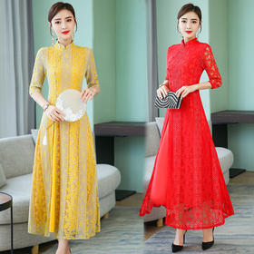 FF-TH9026（实拍九色七码）长款蕾丝旗袍裙夏新款优雅气质复古改良中国风连衣裙