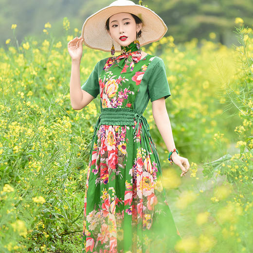 FF-ED0597（翠绿色送领巾）实拍田园风古典女装收腰连衣裙宽松短袖棉麻长裙 商品图2