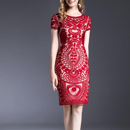 MWYG-2DF8362新款中年妈妈装刺绣修身女装大码欧美短袖连衣裙 商品图2