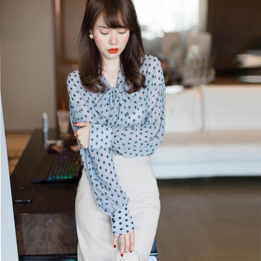 ZYFS-B1212蝴蝶结雪纺衫波点长袖衬衣 商品图1