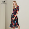 METTE2020夏季新品女士中长款V领连衣裙时尚植物印花抽褶不对称裙 商品缩略图0
