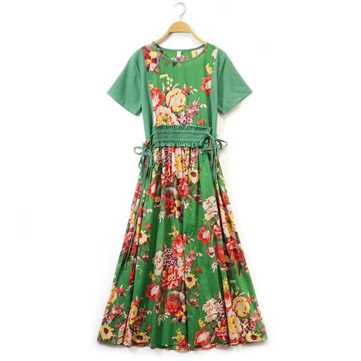 FF-ED0597（翠绿色送领巾）实拍田园风古典女装收腰连衣裙宽松短袖棉麻长裙 商品图4