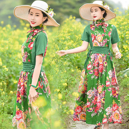 FF-ED0597（翠绿色送领巾）实拍田园风古典女装收腰连衣裙宽松短袖棉麻长裙 商品图0