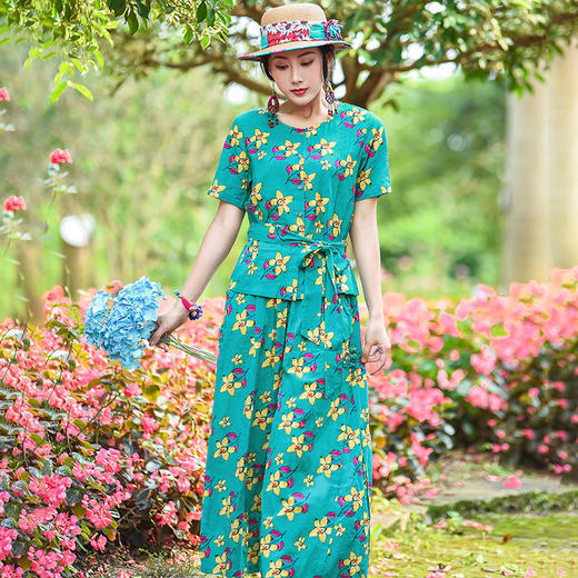 FF-ED0605（田园风格送腰带）实拍开衫纽扣上衣短袖新款松紧腰带盘扣休闲裤套装 商品图0