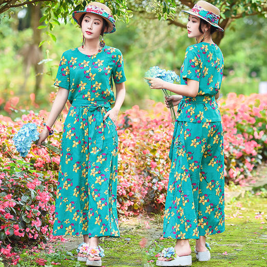 FF-ED0605（田园风格送腰带）实拍开衫纽扣上衣短袖新款松紧腰带盘扣休闲裤套装 商品图1