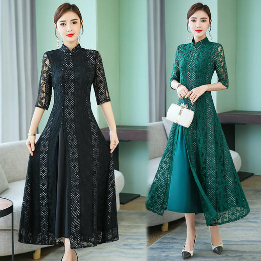 FF-TH9026（实拍九色七码）长款蕾丝旗袍裙夏新款优雅气质复古改良中国风连衣裙 商品图2