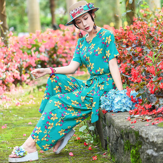 FF-ED0605（田园风格送腰带）实拍开衫纽扣上衣短袖新款松紧腰带盘扣休闲裤套装 商品图2