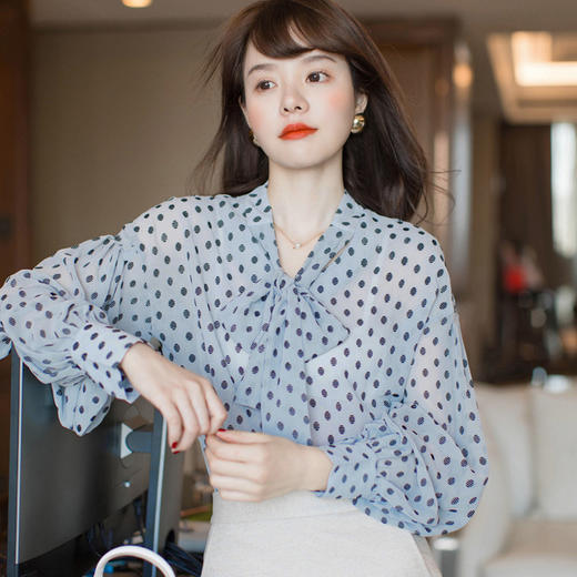 ZYFS-B1212蝴蝶结雪纺衫波点长袖衬衣 商品图0