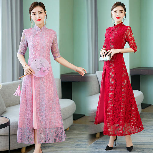 FF-TH9026（实拍九色七码）长款蕾丝旗袍裙夏新款优雅气质复古改良中国风连衣裙 商品图3