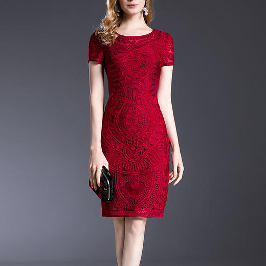 MWYG-2DF8362新款中年妈妈装刺绣修身女装大码欧美短袖连衣裙 商品图1