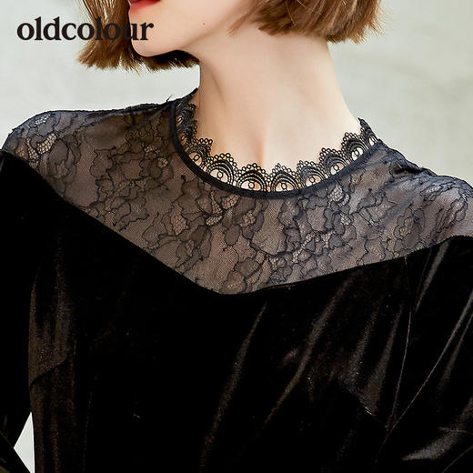 oldcolour新款时尚蕾丝边圆领修身连衣裙女 商品图2