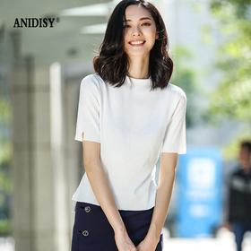 限时特惠239/2件 莱赛尔丝滑立领短袖前短后长开叉时尚针织T恤