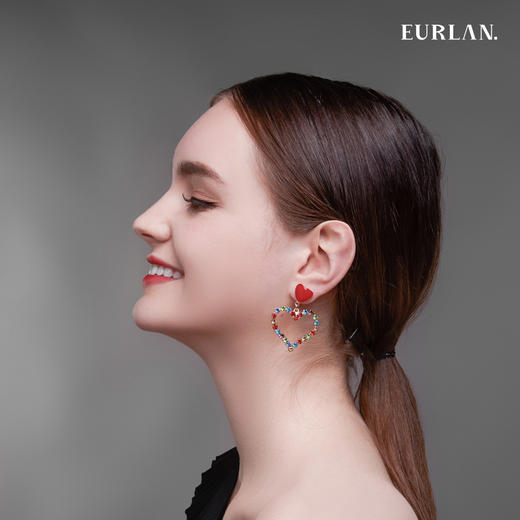EURLAN.  B系列彩钻爱心耳环  开运红 商品图3
