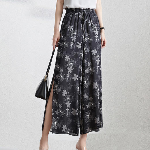 丁摩 休闲真丝乔其纱阔腿裤女高腰垂感轻薄印花桑蚕丝九分裤20-179DS399 商品图1