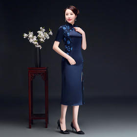 LHS-2002新款复古气质蕾丝拼接醋酸改良旗袍