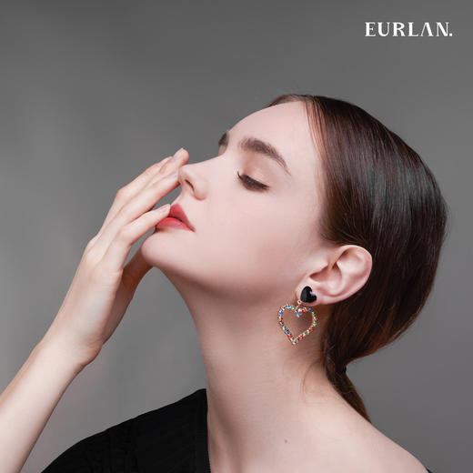 EURLAN.  B系列 彩钻爱心耳环  个性黑 商品图2