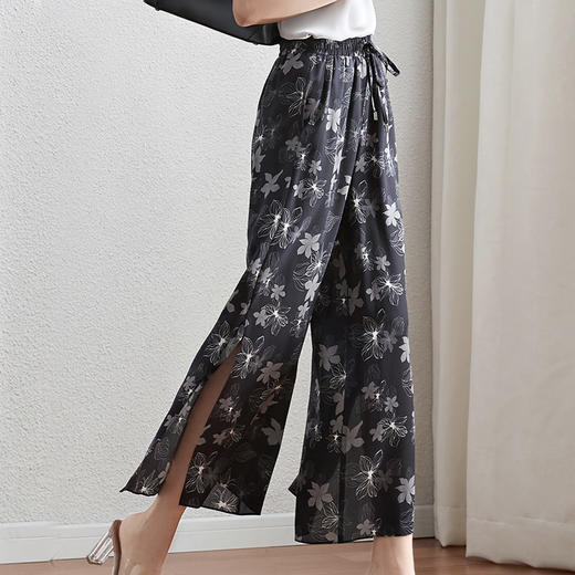 丁摩 休闲真丝乔其纱阔腿裤女高腰垂感轻薄印花桑蚕丝九分裤20-179DS399 商品图9