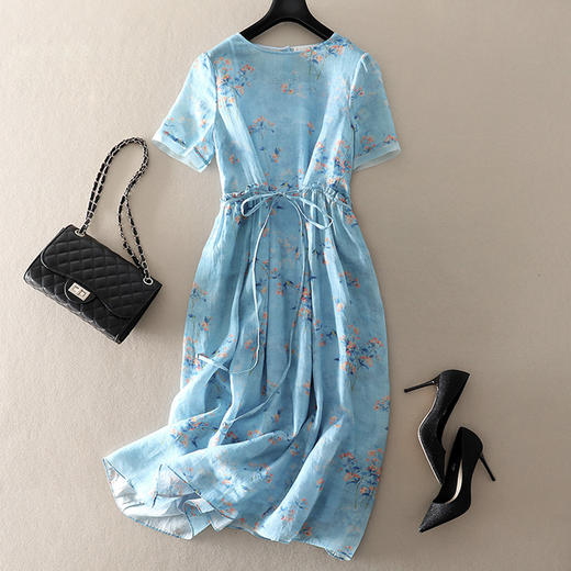 岐氏姐妹 真丝梢苎麻拼接清新印花系带旅行度假复古连衣裙20-146-DS399 商品图3