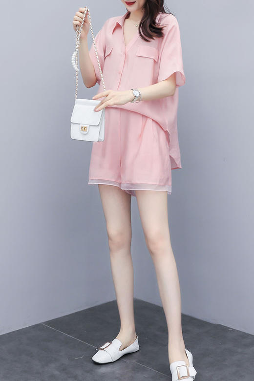APSL-2020新款粉色上衣短裤拼接欧根纱休闲时尚两件套 商品图4
