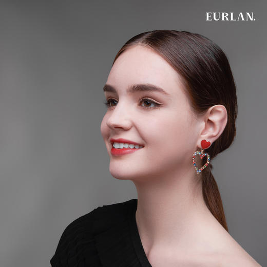EURLAN.  B系列彩钻爱心耳环  开运红 商品图2