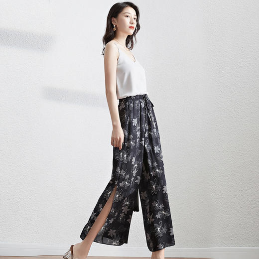 丁摩 休闲真丝乔其纱阔腿裤女高腰垂感轻薄印花桑蚕丝九分裤20-179DS399 商品图5