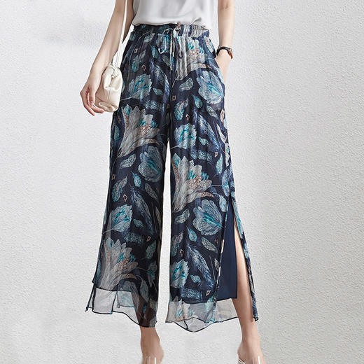 丁摩 休闲真丝乔其纱阔腿裤女高腰垂感轻薄印花桑蚕丝九分裤20-179DS399 商品图10