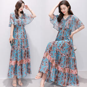 WZNH-QSLG9801A新款v领碎花裙长裙修身喇叭袖中腰雪纺连衣裙