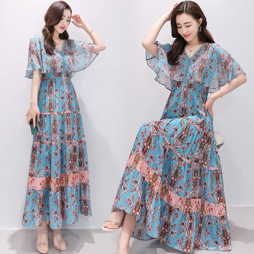 WZNH-QSLG9801A新款v领碎花裙长裙修身喇叭袖中腰雪纺连衣裙 商品图0