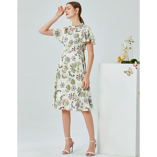 EITIE爱特爱夏季新款时尚清新飞飞袖V领收腰A摆印花连衣裙女B2007414 商品图1
