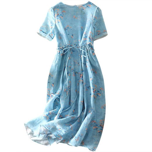 岐氏姐妹 真丝梢苎麻拼接清新印花系带旅行度假复古连衣裙20-146-DS399 商品图5