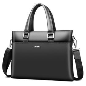 七匹狼 男包手提包男单肩包头层牛皮商务包休闲软皮斜跨包横款 14英寸电脑包情人节生日礼物 1A3464054-01黑色