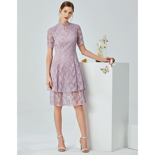 EITIE爱特爱夏季新款时尚中国风水滴领镂空蕾丝修身连衣裙女B20074108 商品图1