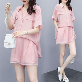 APSL-2020新款粉色上衣短裤拼接欧根纱休闲时尚两件套