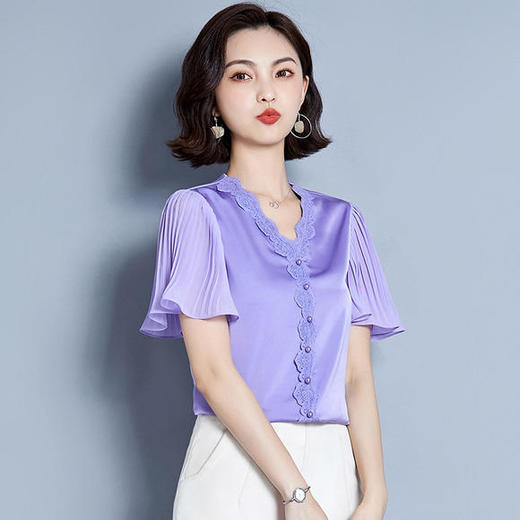 MZ-MZ4859夏季新款韩版V领蕾丝拼接喇叭袖小衫 商品图0