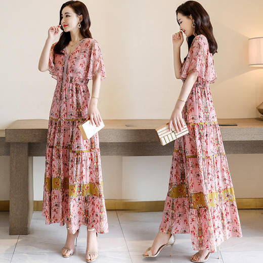 WZNH-QSLG9801A新款v领碎花裙长裙修身喇叭袖中腰雪纺连衣裙 商品图3