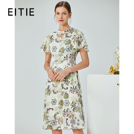 EITIE爱特爱夏季新款时尚清新飞飞袖V领收腰A摆印花连衣裙女B2007414 商品图0