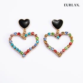 EURLAN.  B系列 彩钻爱心耳环  个性黑