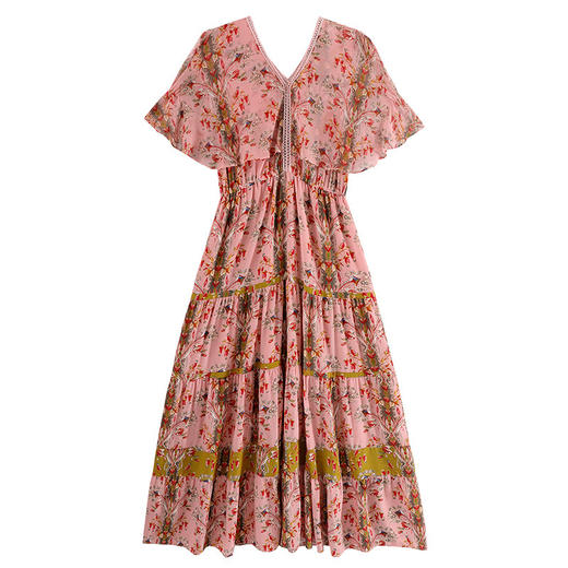 WZNH-QSLG9801A新款v领碎花裙长裙修身喇叭袖中腰雪纺连衣裙 商品图4