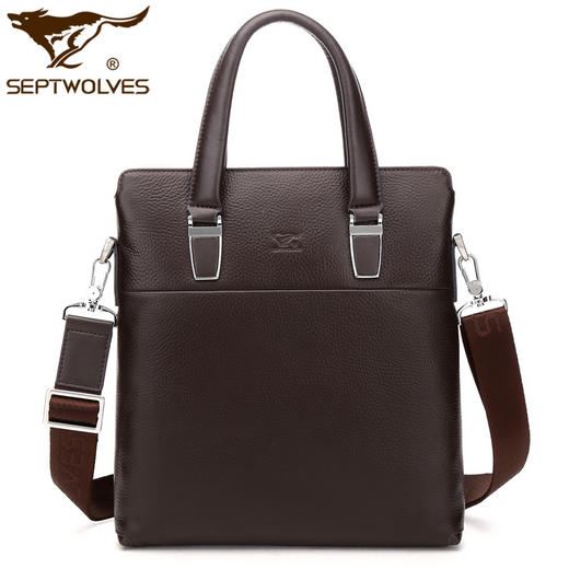 七匹狼男士皮包手提单肩包竖款手拿商务斜挎包真牛皮休闲文件包男包 1A4964112-02咖啡色竖款 商品图0