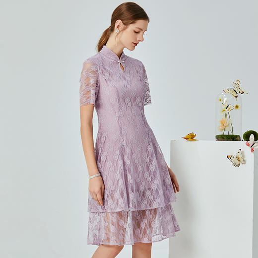 EITIE爱特爱夏季新款时尚中国风水滴领镂空蕾丝修身连衣裙女B20074108 商品图2