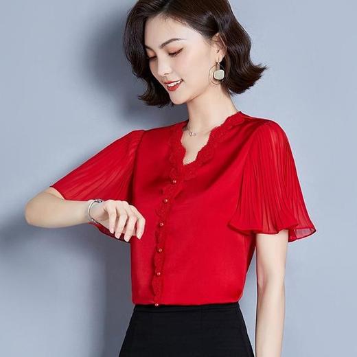 MZ-MZ4859夏季新款韩版V领蕾丝拼接喇叭袖小衫 商品图1