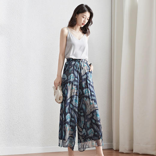 丁摩 休闲真丝乔其纱阔腿裤女高腰垂感轻薄印花桑蚕丝九分裤20-179DS399 商品图2