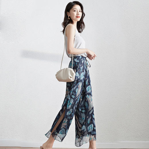 丁摩 休闲真丝乔其纱阔腿裤女高腰垂感轻薄印花桑蚕丝九分裤20-179DS399 商品图4