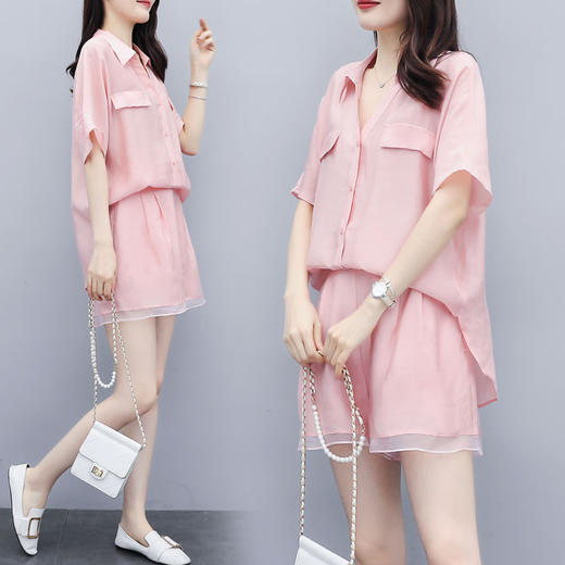 APSL-2020新款粉色上衣短裤拼接欧根纱休闲时尚两件套 商品图2