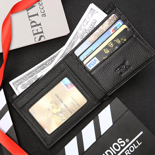 七匹狼钱包 商务头层牛皮横款两折钱夹皮夹多功能票夹短款零钱夹男 3A1310185黑色 商品图4