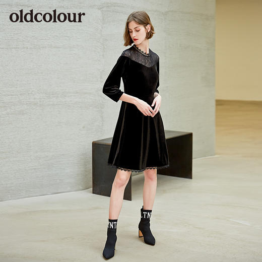 oldcolour新款时尚蕾丝边圆领修身连衣裙女 商品图4